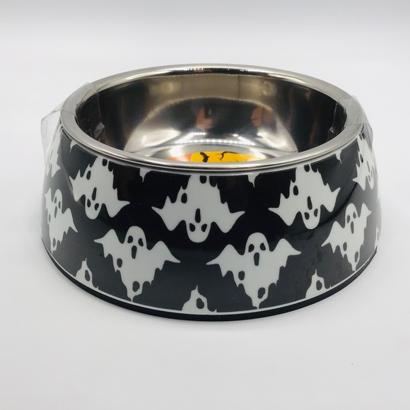 Halloween Pet Food Bowl Small Ghost Black White Melamine Metal Water Cat Dog - Picture 4 of 7
